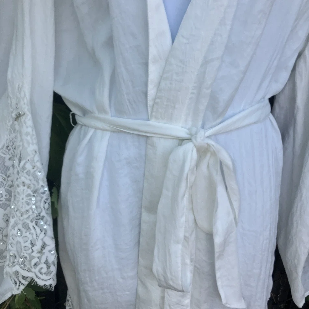 NWT Anthropologie Duster Kimono Lace Sparkle Embroidered‎ White Sz M/L Angelcore